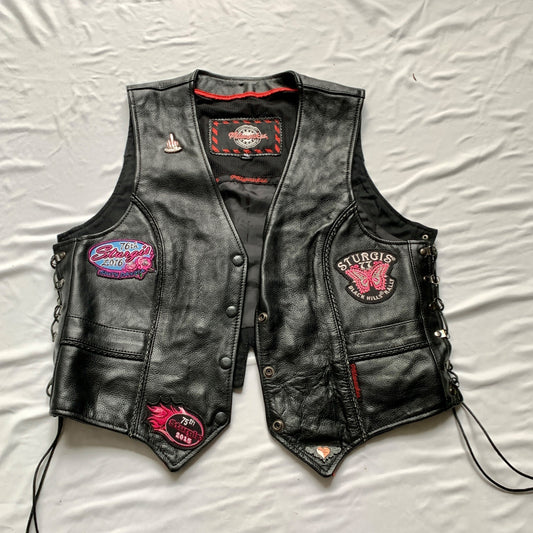 Milwaukee Women's Black Leather Motorcycle Vest XL Patches