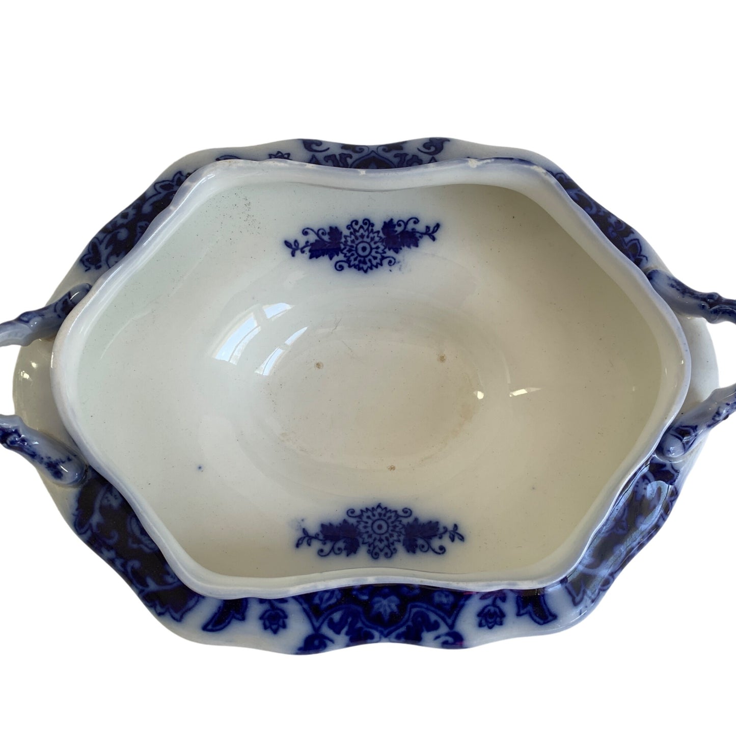 Florida Flow Blue Casserole Lidded Dish Johnson Bros BROKEN HANDLE