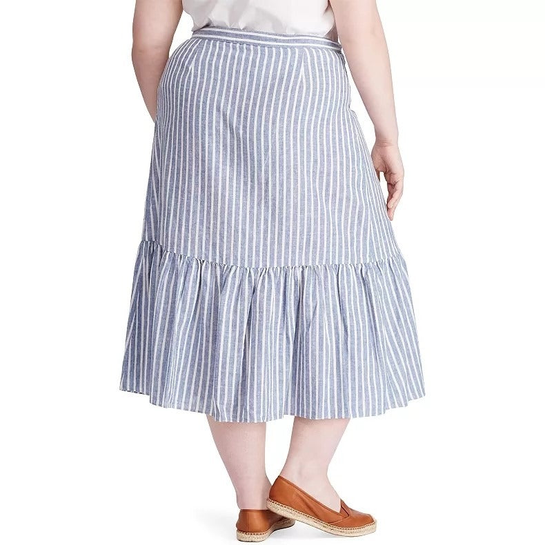Chaps Ruffled Midi Skirt Blue White Stripe Plus Size New