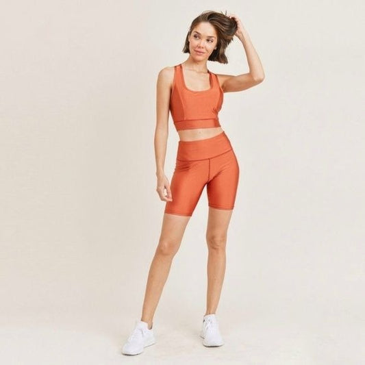 Women's Active Wear Matching Set Biker Shorts and Sports Bra Copper