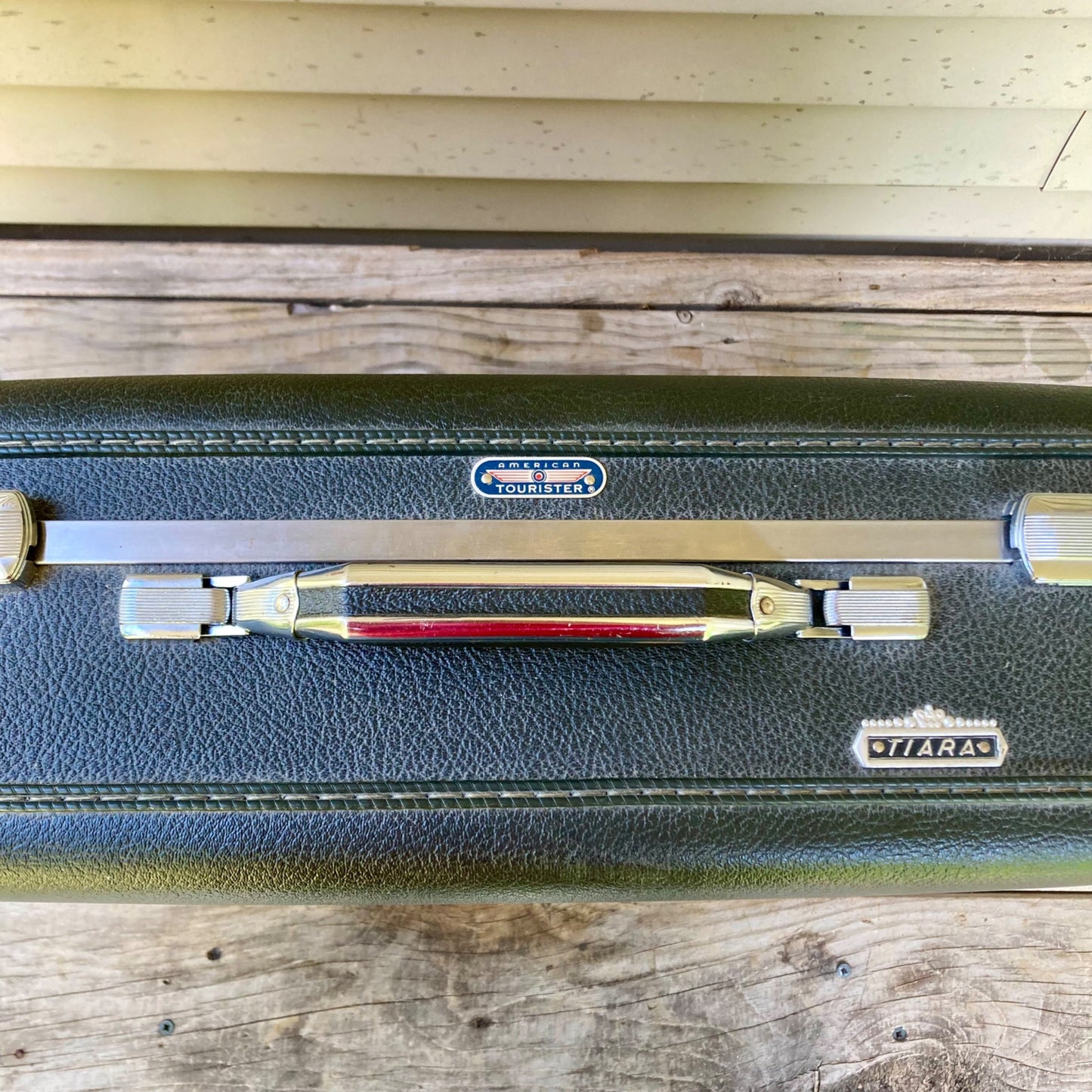 Set 2 Vintage American Tourist Tiara Suitcases Green Hard Shell Luggage NO KEY