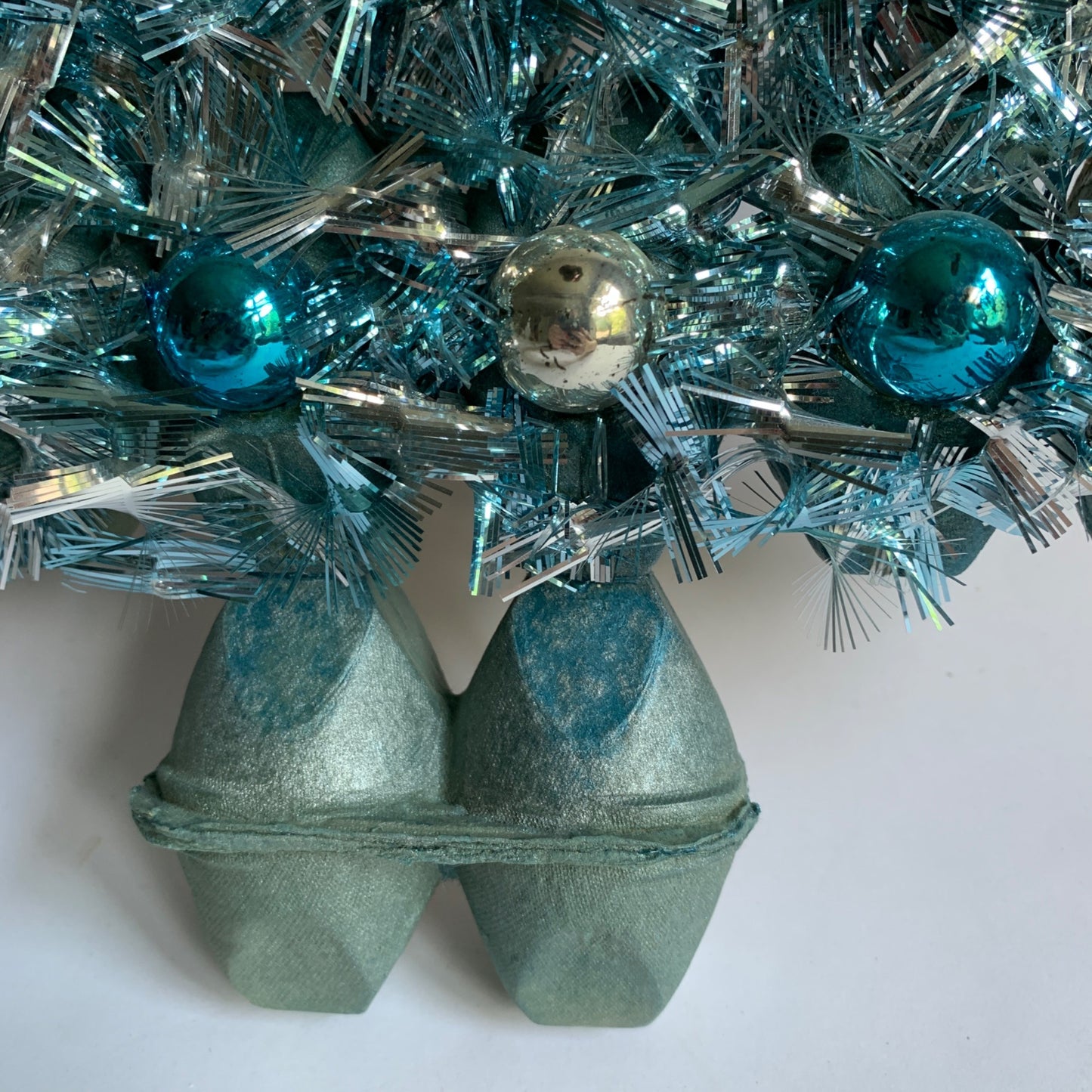 Vintage Christmas Tree Tinsel Egg Carton Tabletop Decor Blue Teal