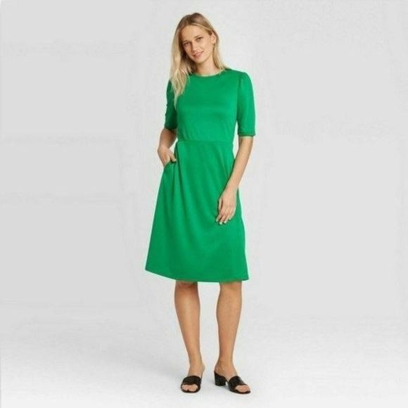 Who What Wear Round Neck Seamed Dress Green