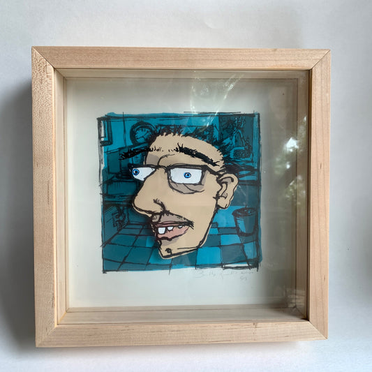 Signed 3D Framed Portrait Man with Blue Checked Background Wood Frame 2000