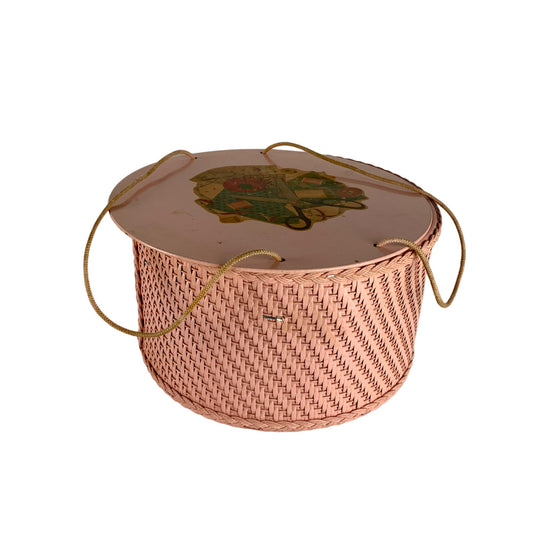 Vintage Pink Round Sewing Basket With Contents Sewing Notions