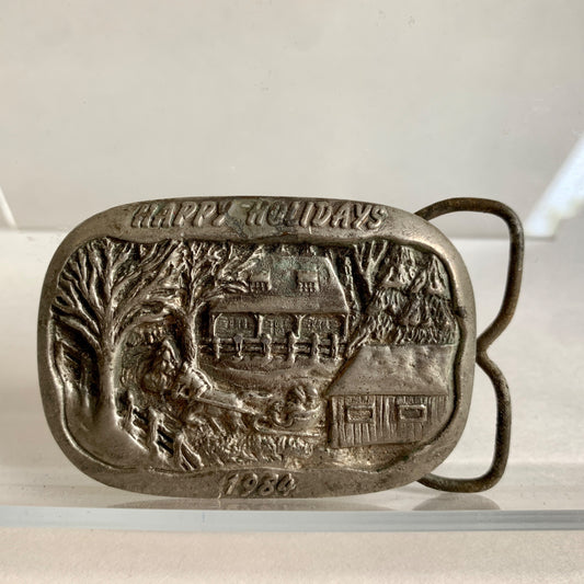 1984 Vintage Horizon Designs Happy Holidays Silver Belt Buckle