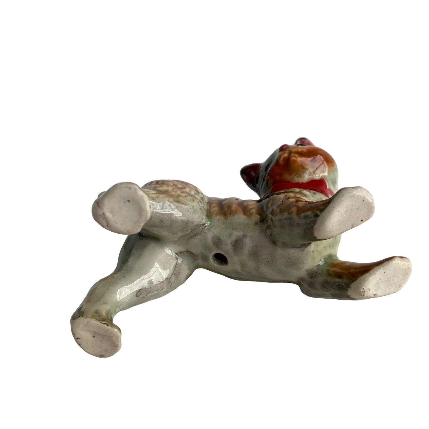 Vintage Tabby Cat Ceramic Figurine Red Collar