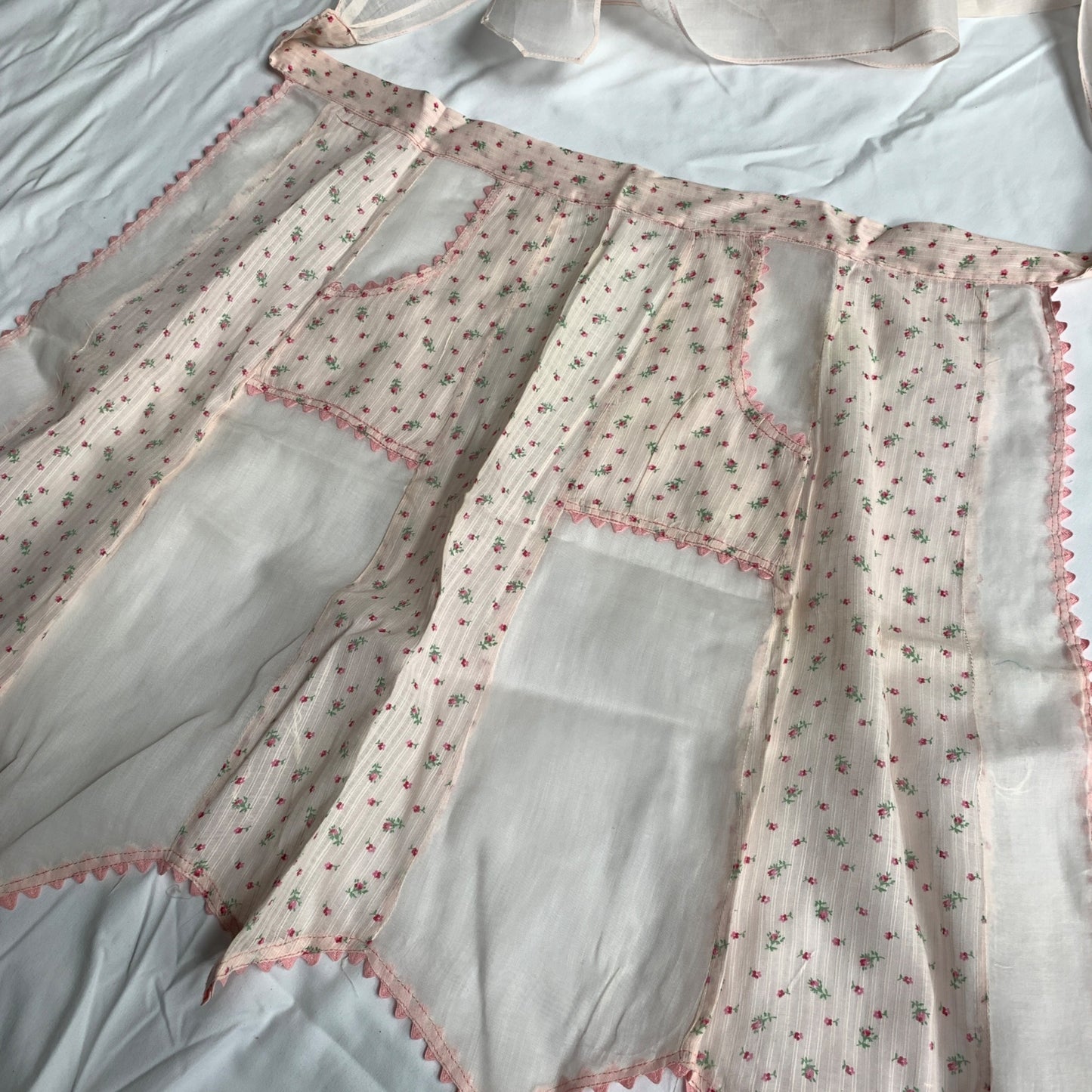 Vintage White Pink Sheer Half Apron Floral
