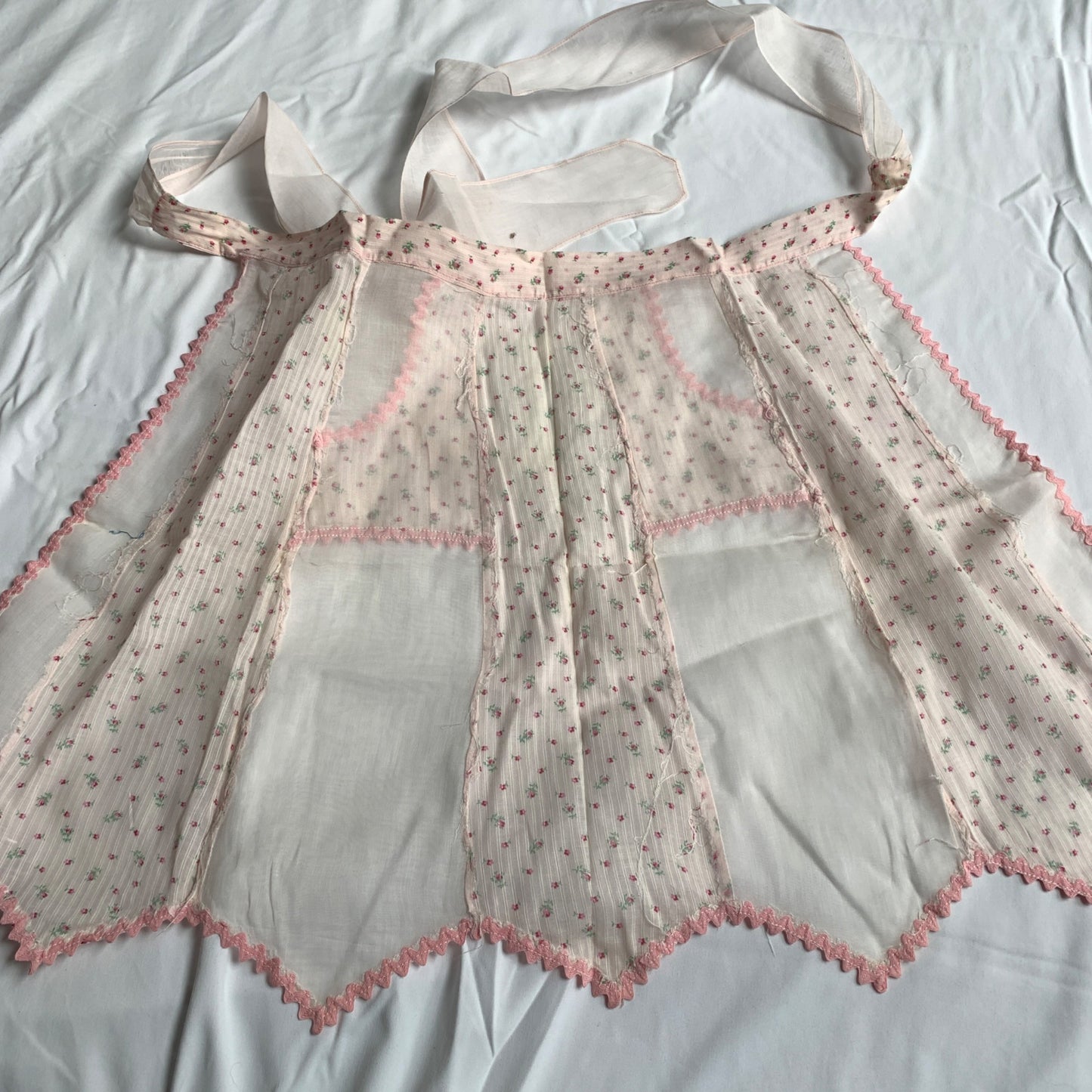 Vintage White Pink Sheer Half Apron Floral