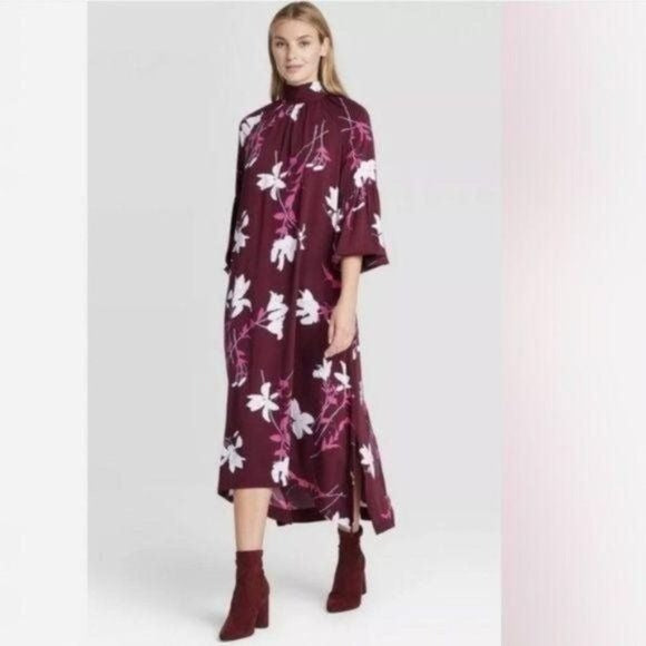 New Prologue Floral Mock Tie Neck Long Dress