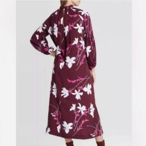 New Prologue Floral Mock Tie Neck Long Dress