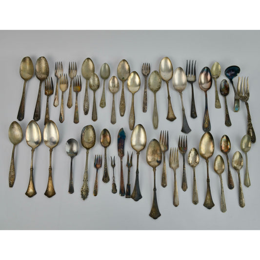 Large Lot 44 Vintage Antique Silverware Flatware Mixed Brands Patterns