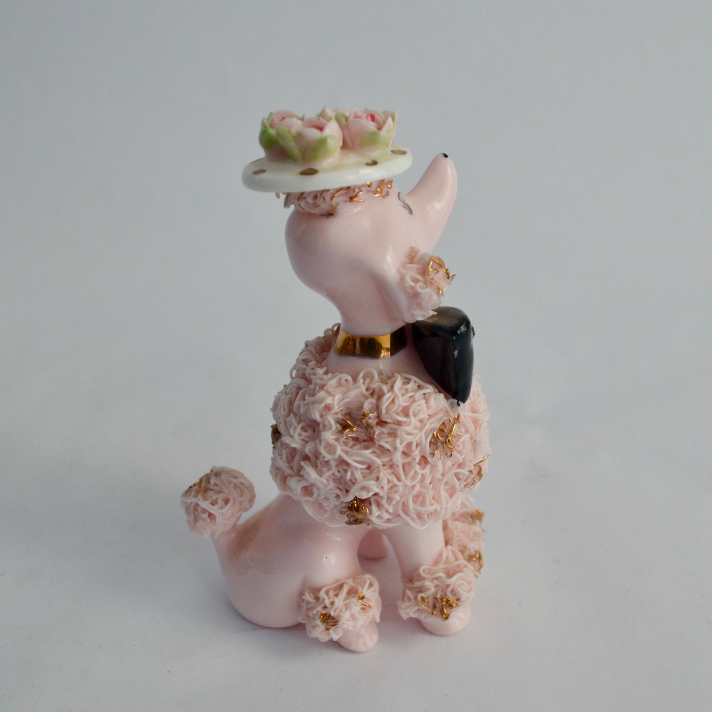 Lefton Vintage Pink Spaghetti Poodle with Floral Hat Black Bow 5"