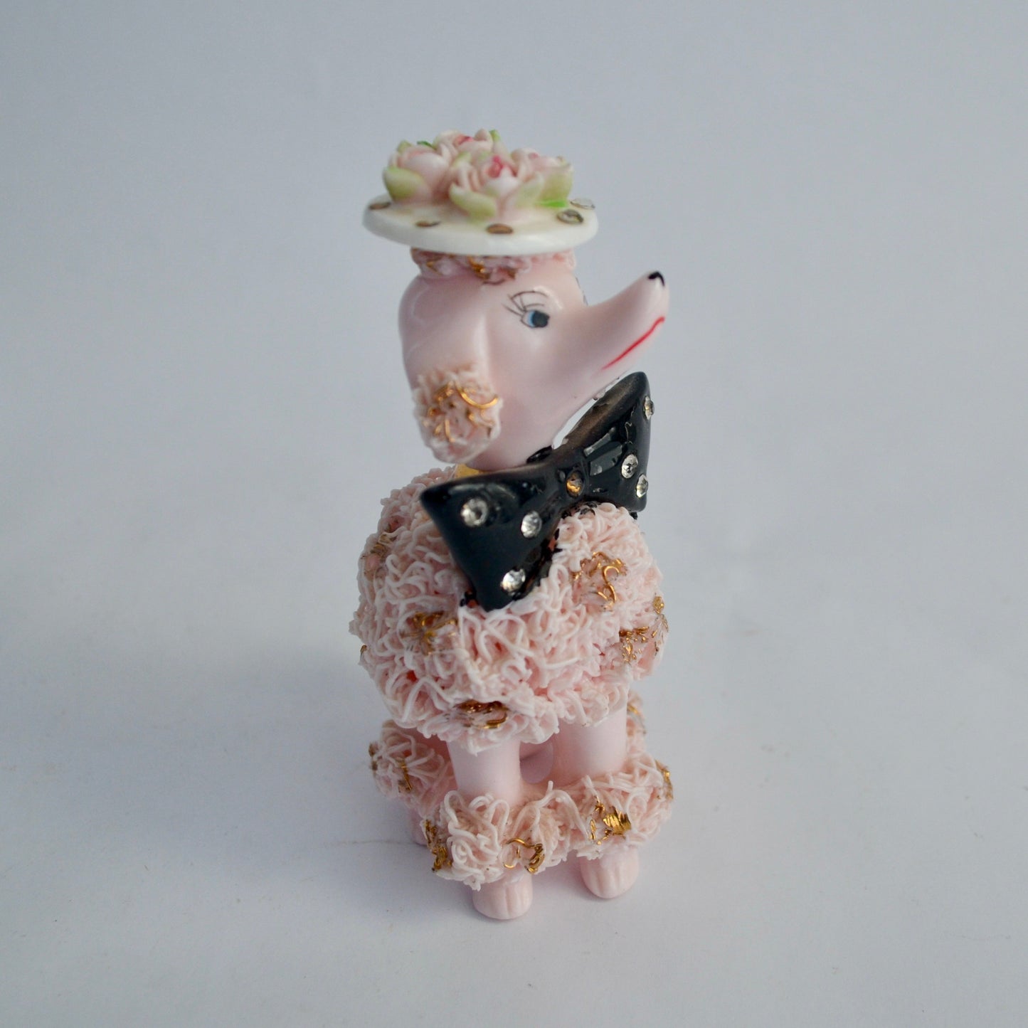 Lefton Vintage Pink Spaghetti Poodle with Floral Hat Black Bow 5"