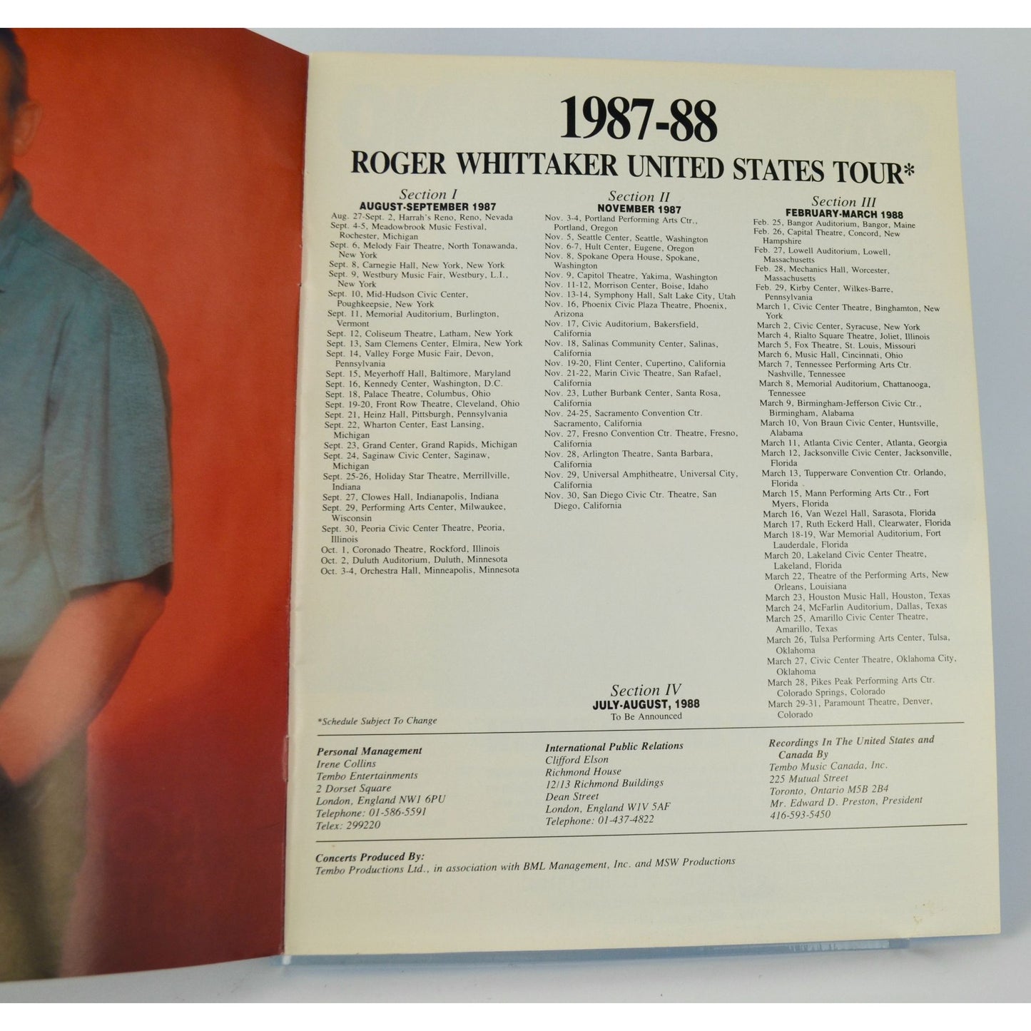Roger Whittaker 1987-88 Tour Program Book Magazine