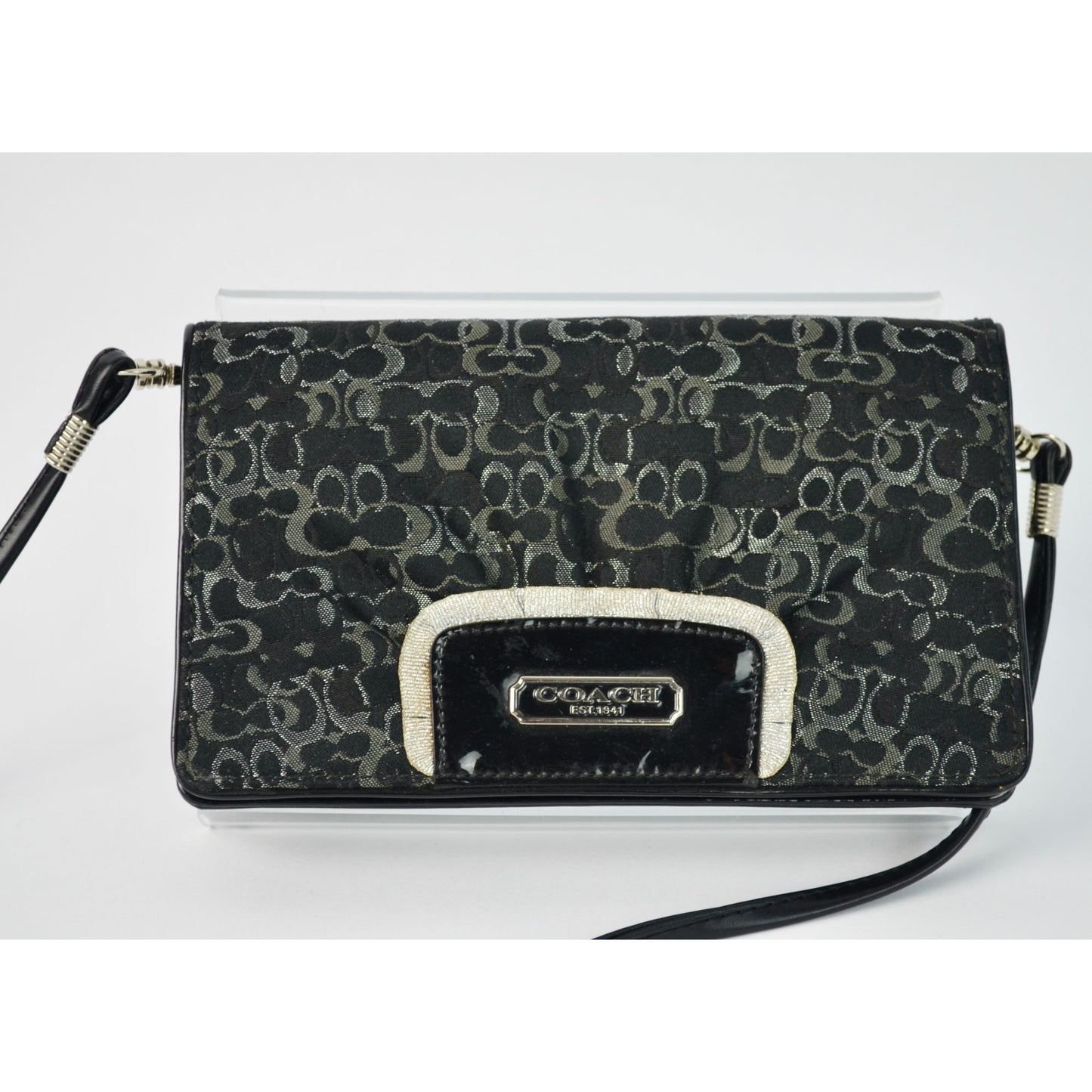 Coach Signature Clutch Wallet Black Silver Detail Crossbody Bag Removable Strap