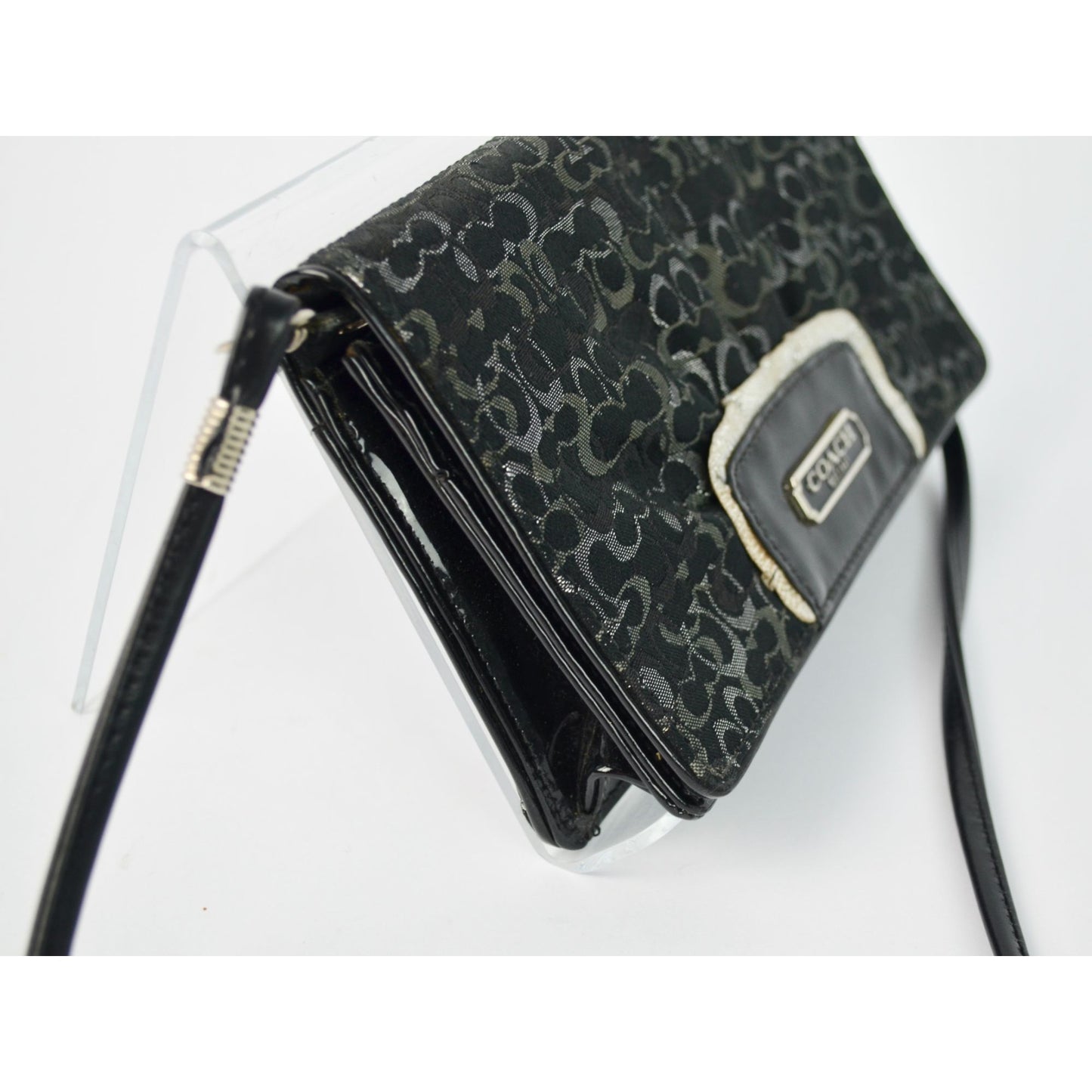 Coach Signature Clutch Wallet Black Silver Detail Crossbody Bag Removable Strap