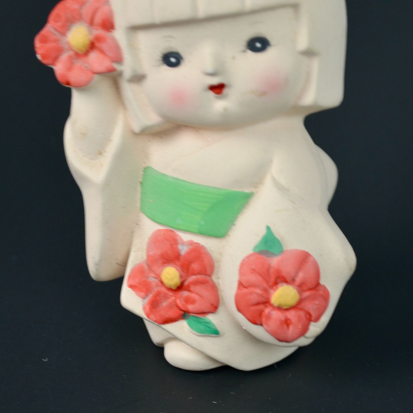 Japanese Hakata Bisque Geisha Doll In Pink Kimono Flowers Keep World Green