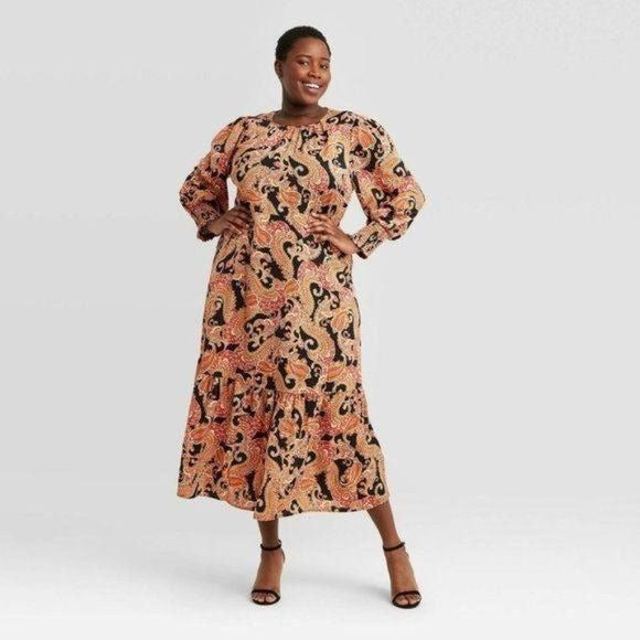 Who What Wear Paisley Print Puff Long Sleeve Dress XS New