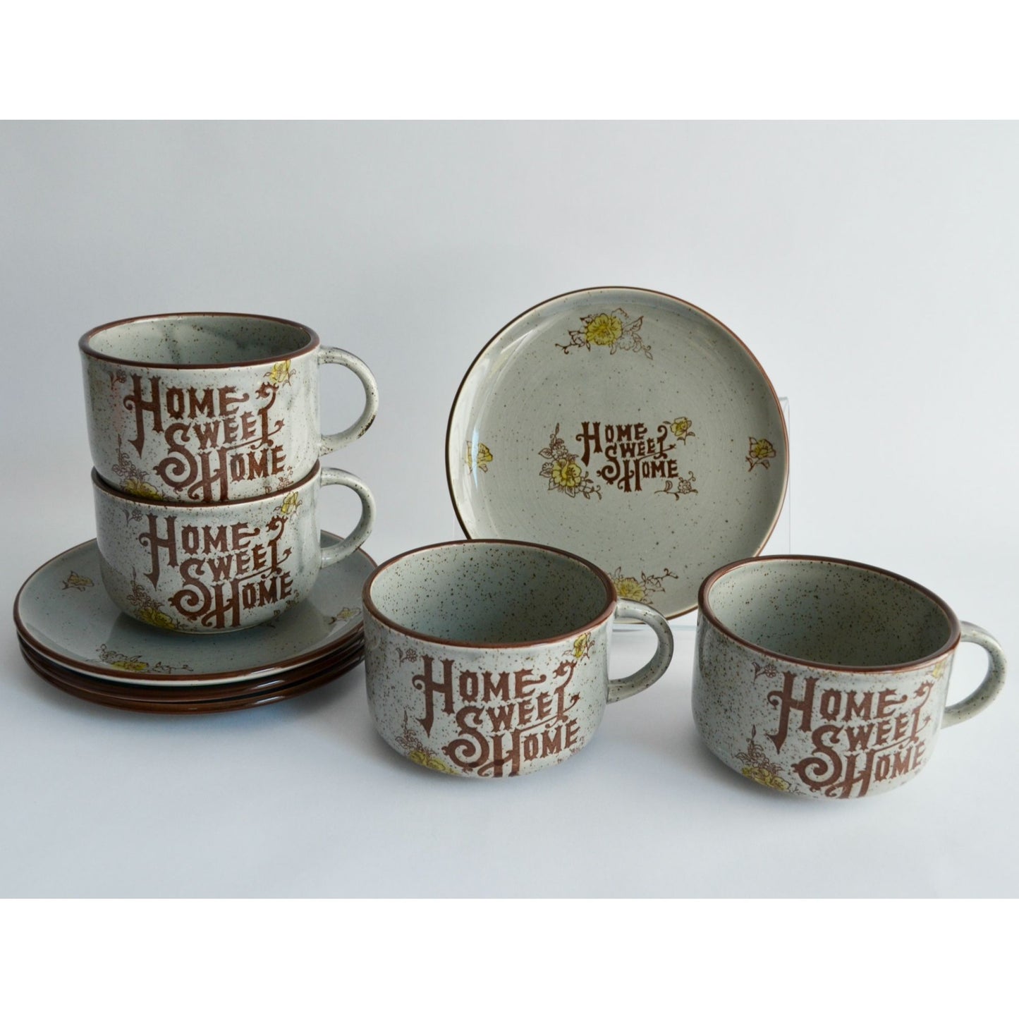 Vintage Home Sweet Home Gray Speckled Stoneware Japan Plates & Mugs Set