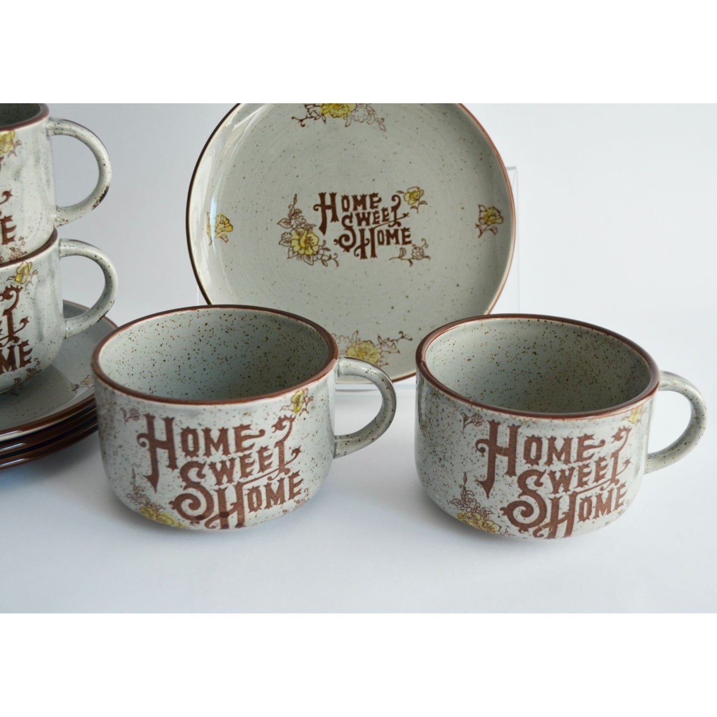 Vintage Home Sweet Home Gray Speckled Stoneware Japan Plates & Mugs Set