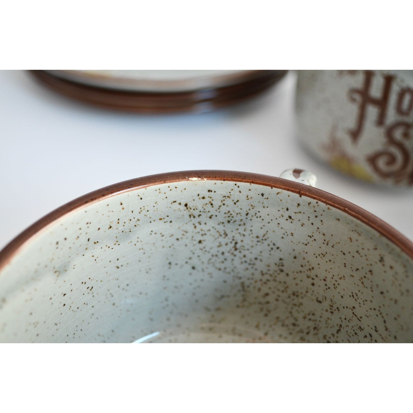Vintage Home Sweet Home Gray Speckled Stoneware Japan Plates & Mugs Set