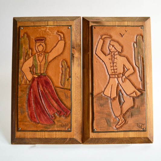 Handtooled Leather Man Woman Folk Art on Wood Wall Decor Vintage