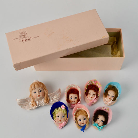 Porcelain Doll Heads Brooches Pins Lot of 7 Felt Hats