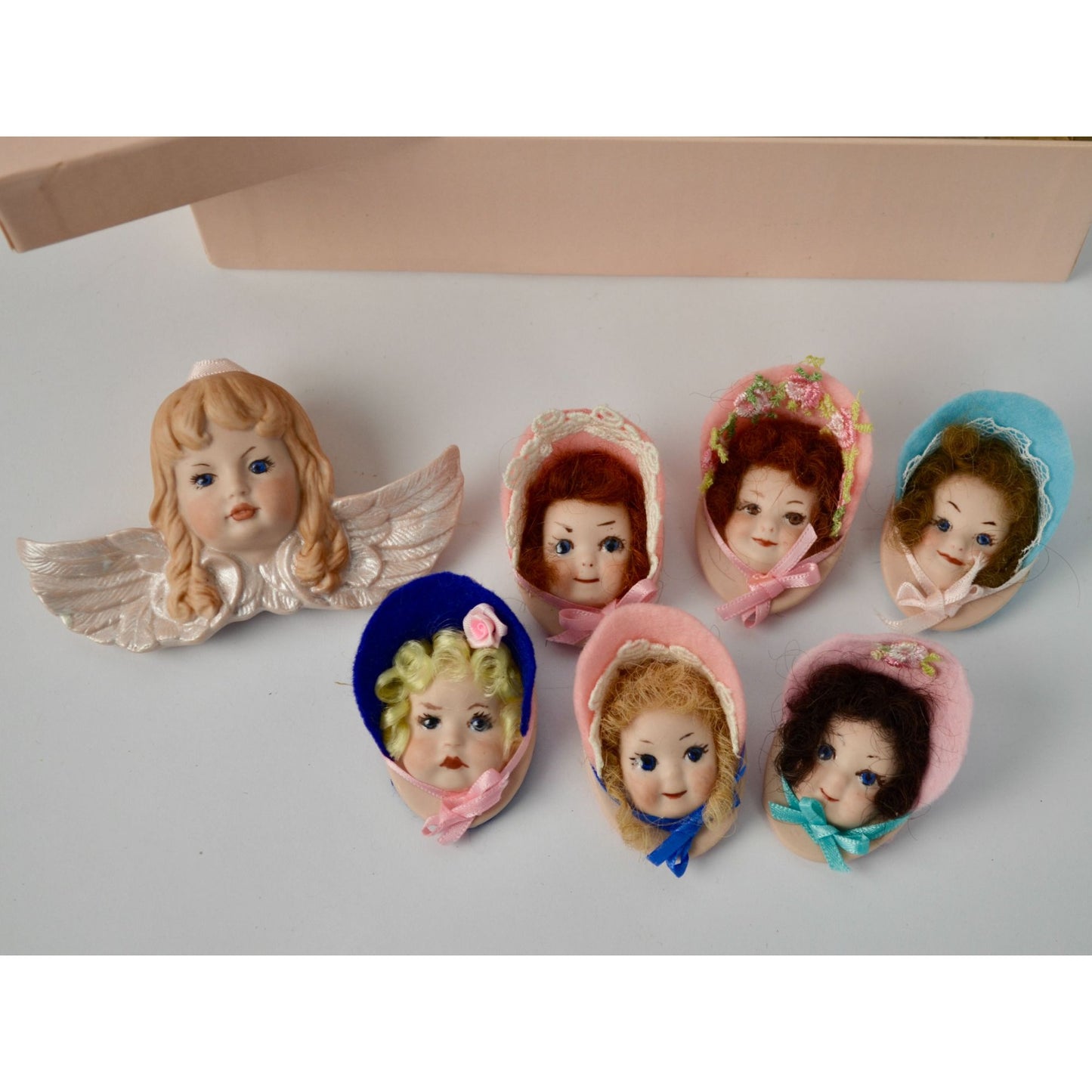 Porcelain Doll Heads Brooches Pins Lot of 7 Felt Hats