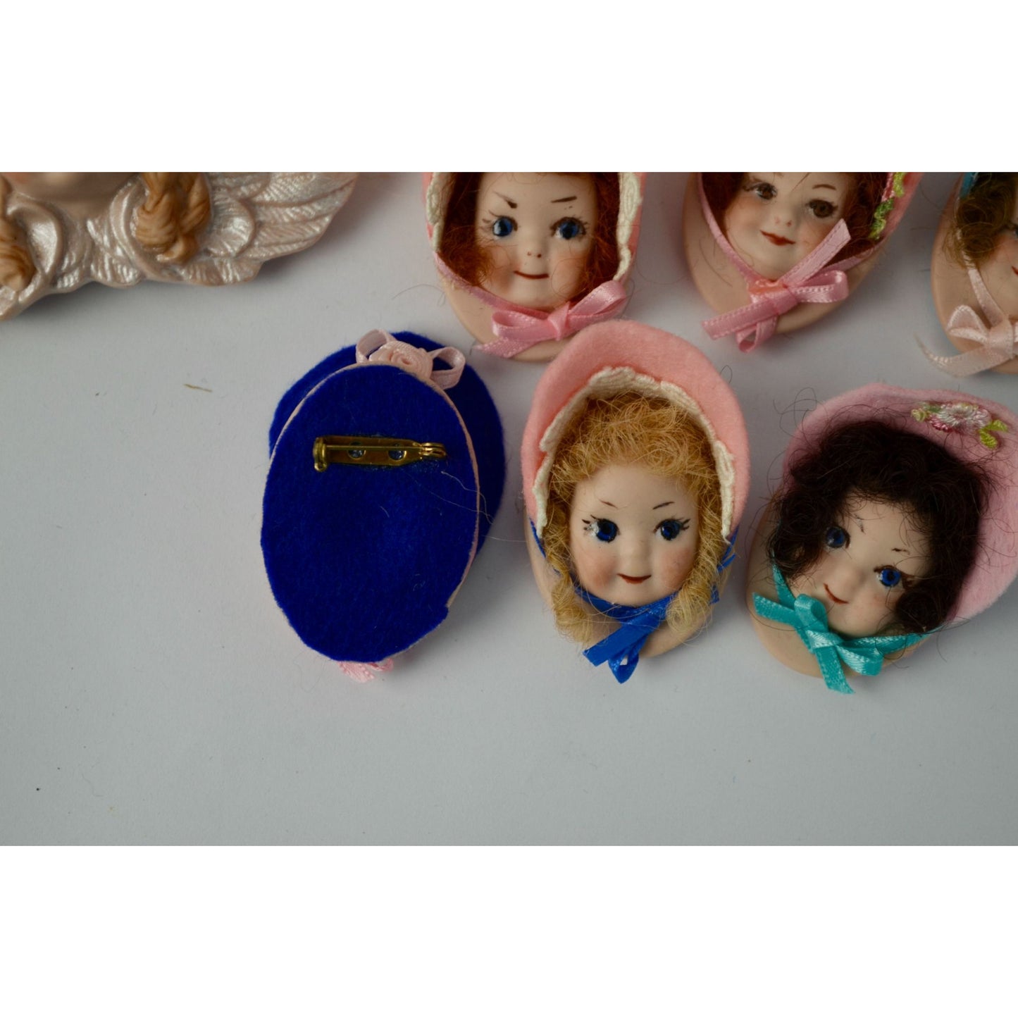 Porcelain Doll Heads Brooches Pins Lot of 7 Felt Hats