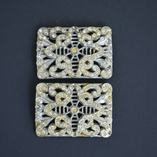 Pair Vintage Silver Rectangular Brooch Brooches CZ