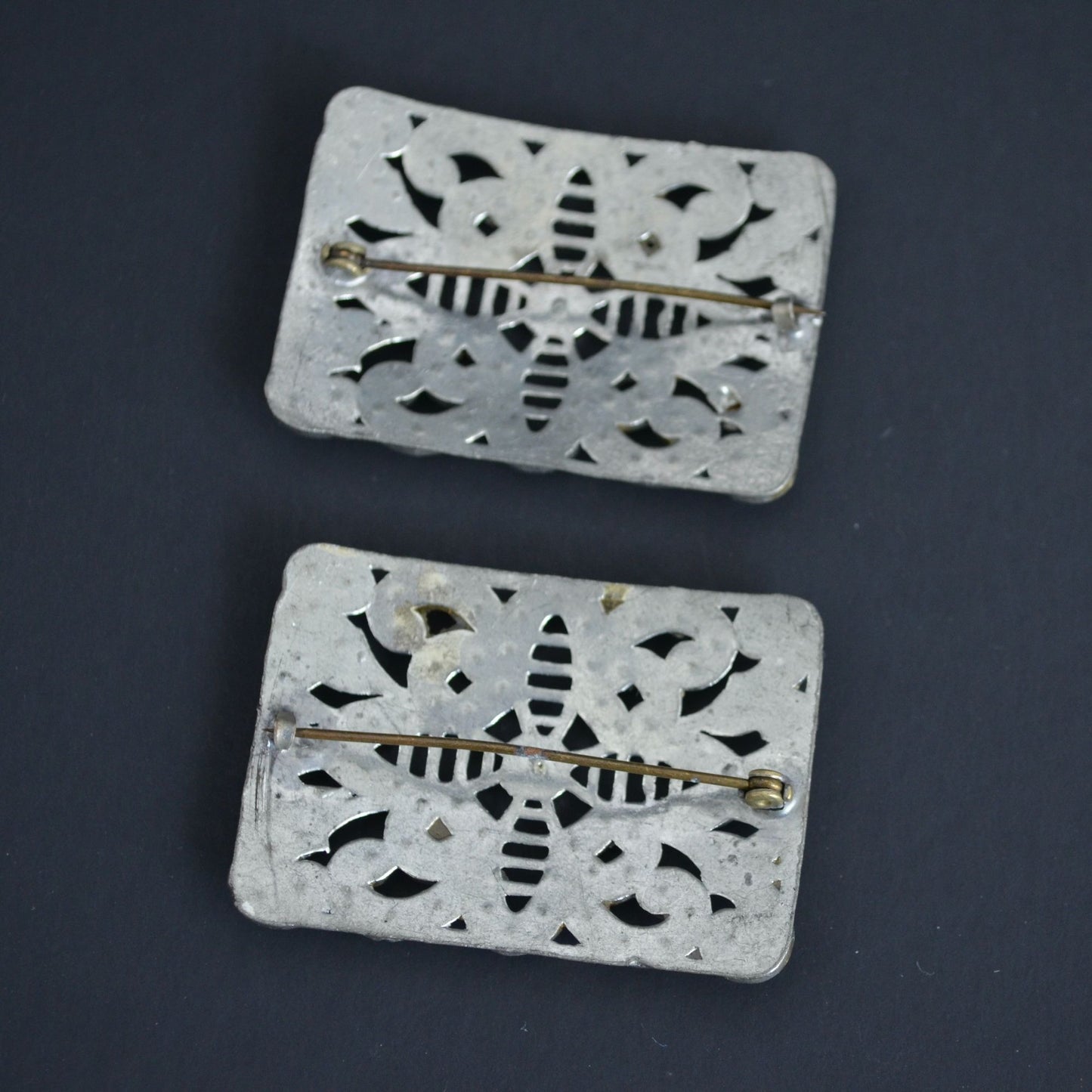 Pair Vintage Silver Rectangular Brooch Brooches CZ