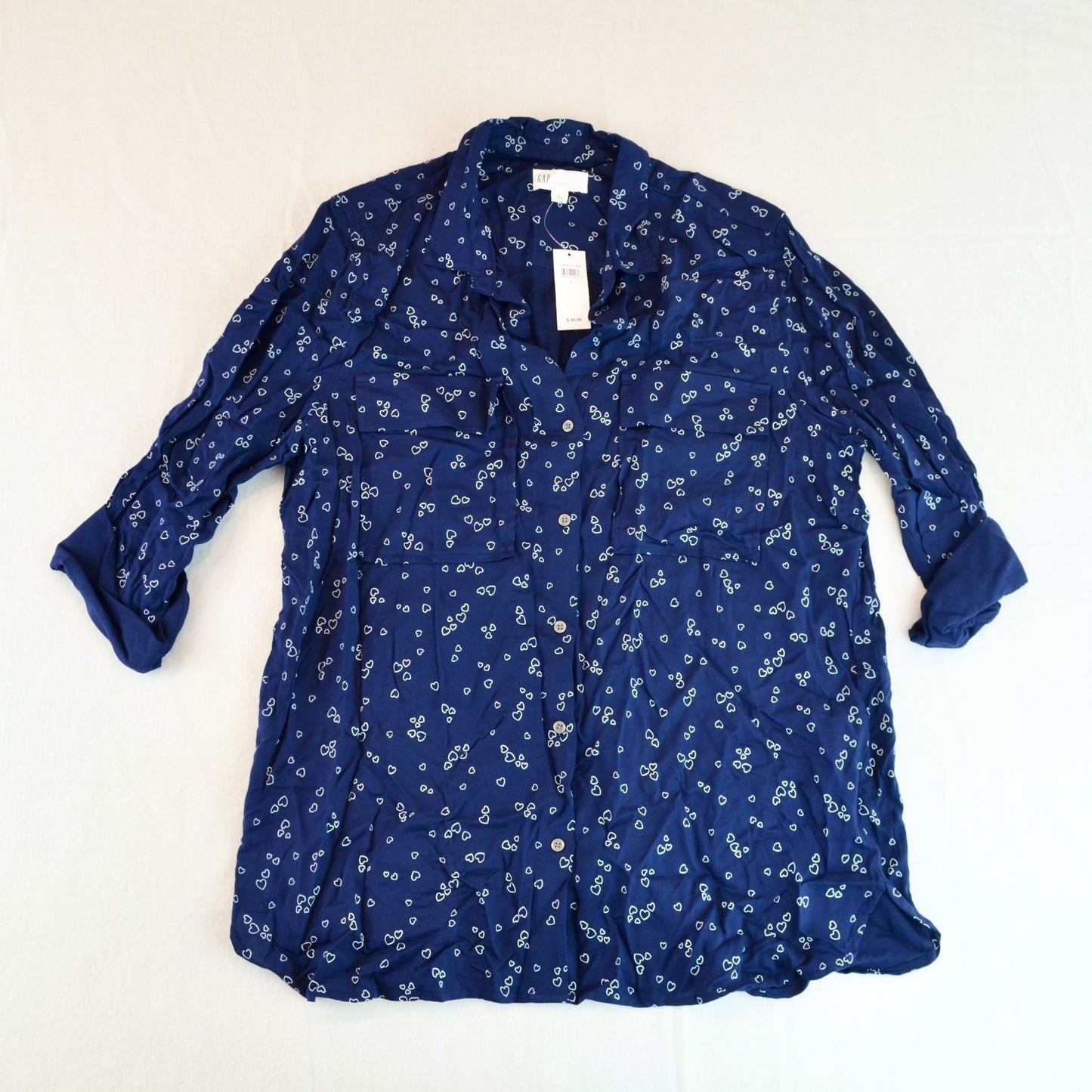 GAP Print Utility Drapy Boyfriend Shirt Tiny Heart White Blue New Large