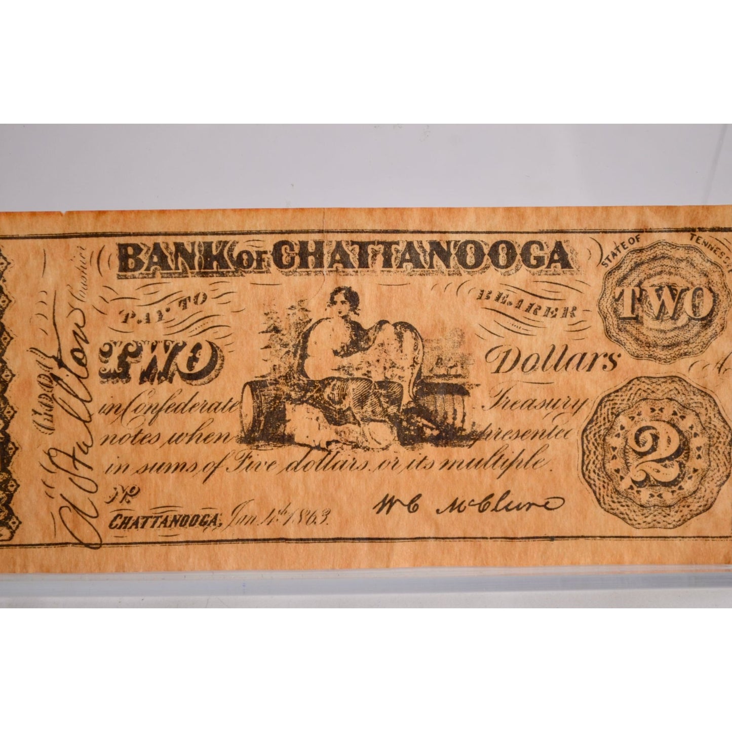 Bank of Chattanooga $2 Confederate Bill Reproduction 1863