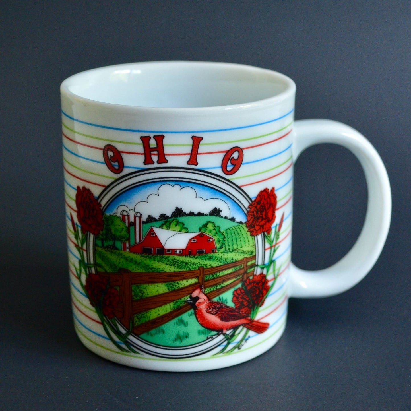 Ohio Vintage Striped Coffee Mug Ceramic Farm Barn Red Cardinal