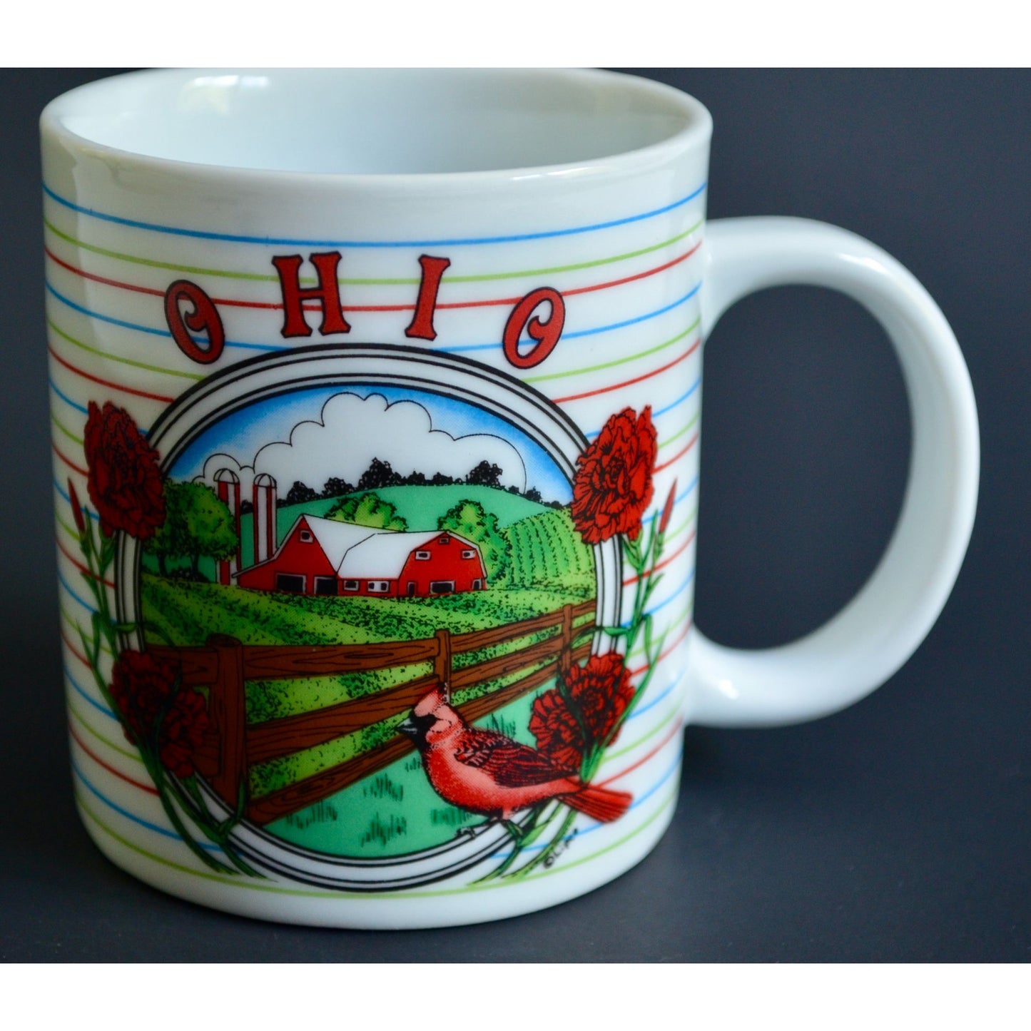 Ohio Vintage Striped Coffee Mug Ceramic Farm Barn Red Cardinal
