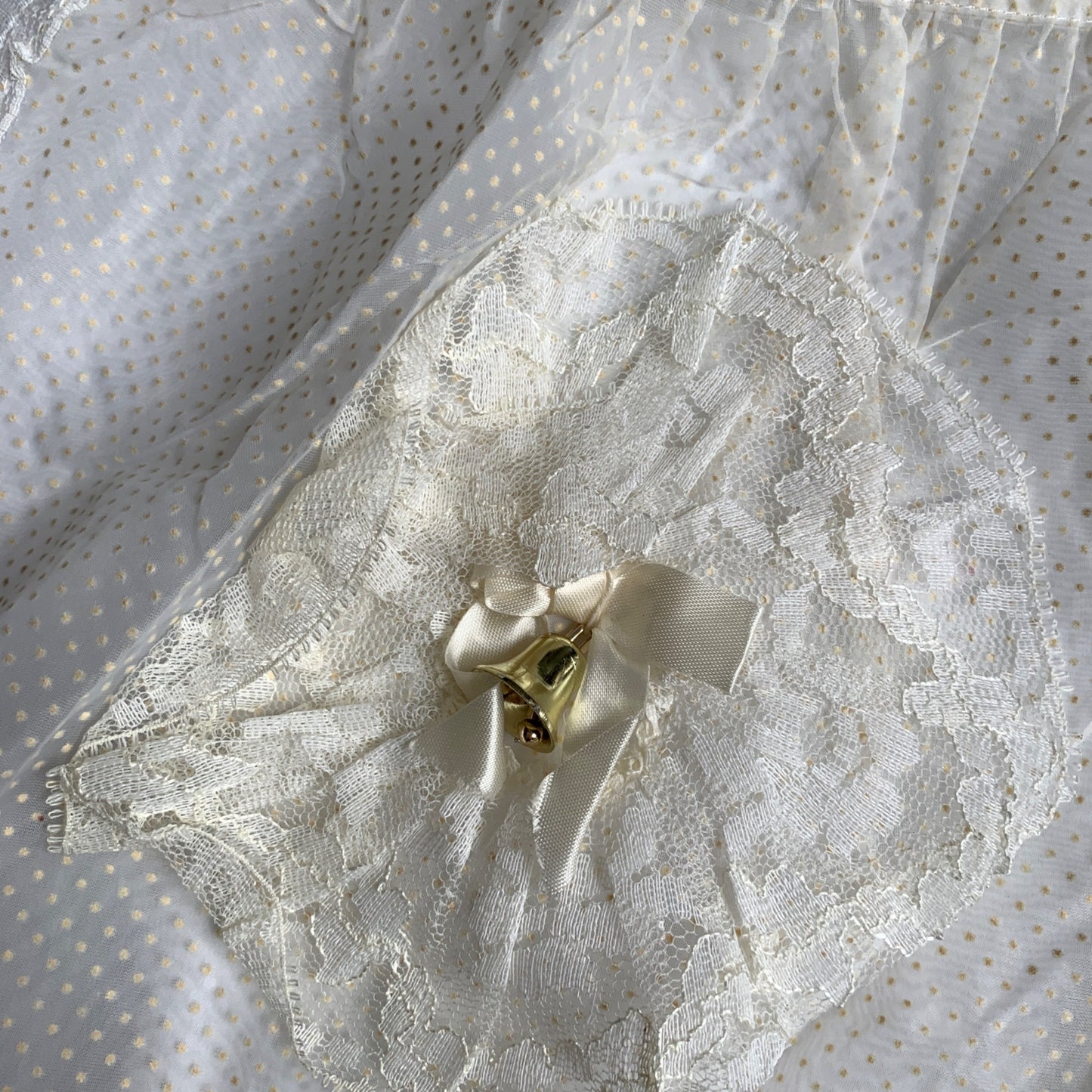 Vintage White Sheer Lace Half Apron with Gold Bell