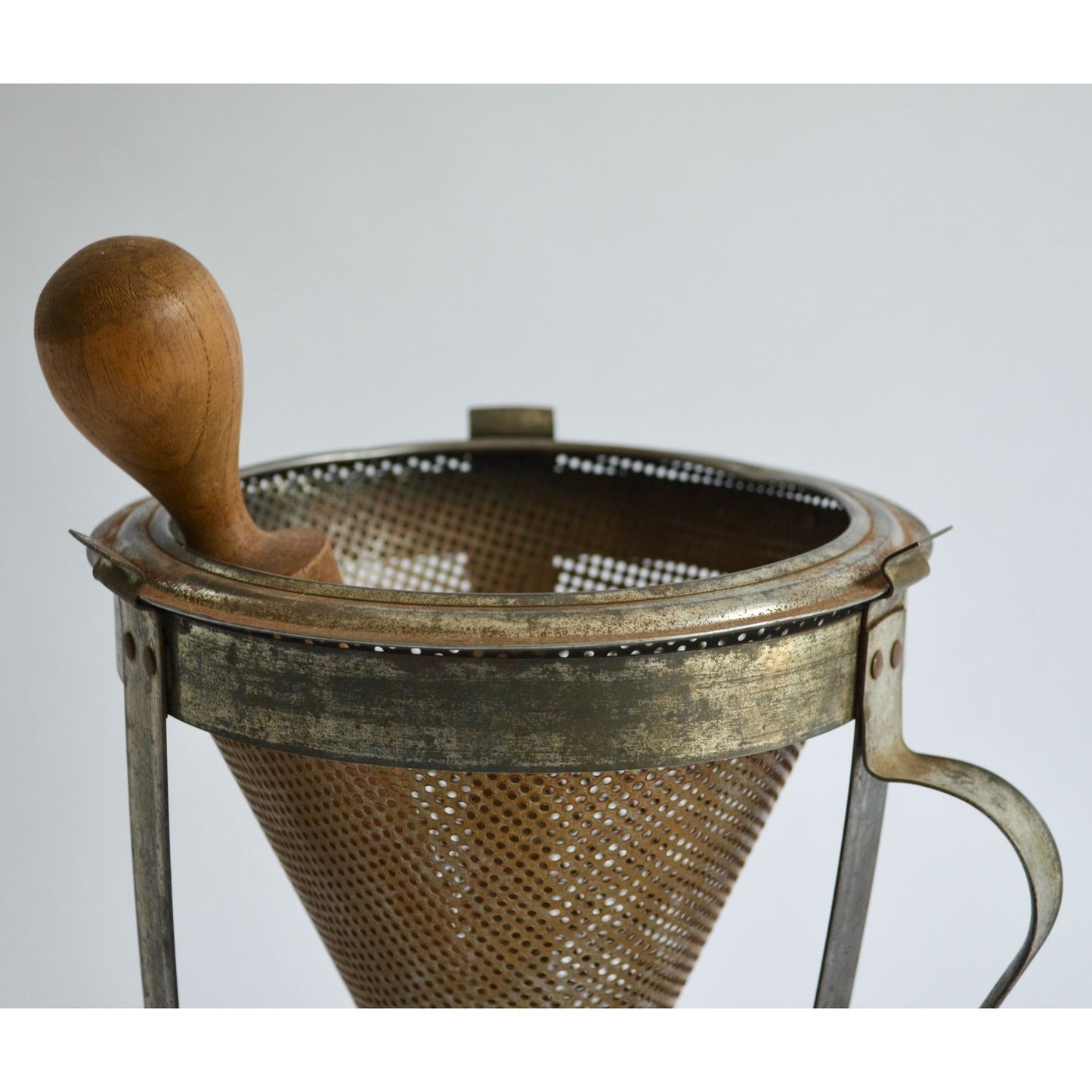 Vintage Primitive Metal Colander Sieve Strainer with Wooden Pestle and Stand