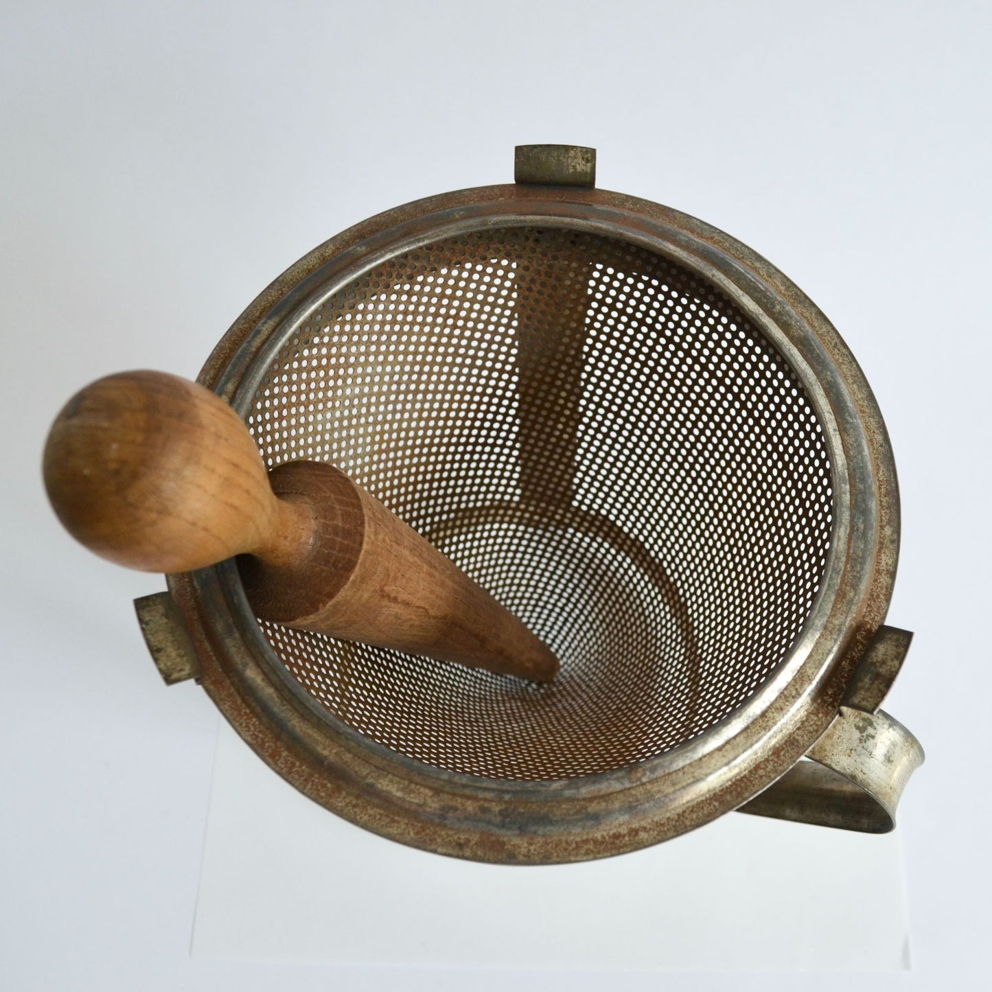 Vintage Primitive Metal Colander Sieve Strainer with Wooden Pestle and Stand