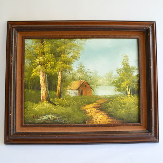 Vintage Handpainted Rustic Woodsy Cabin House Road Trail Lake Oil Painting Signed