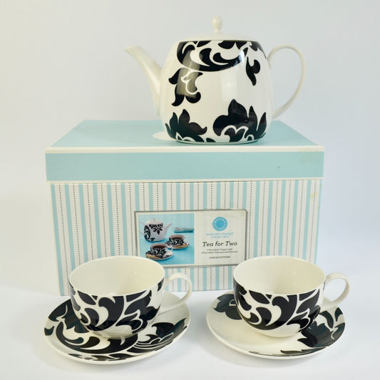Martha Stewart Tea for Two Lisbon Black White Teapot Saucers Teacups NEW