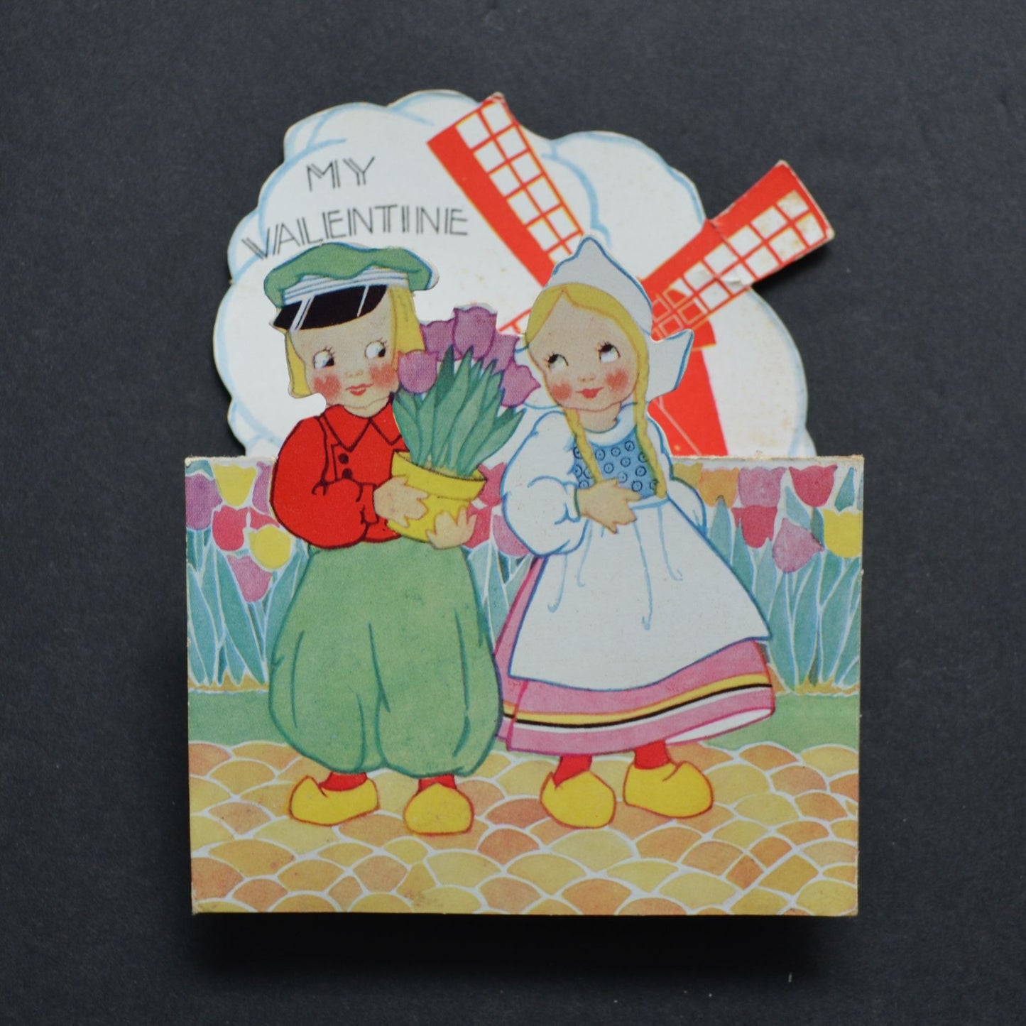 Dutch Boy Girl My Valentine Vintage Card Folding