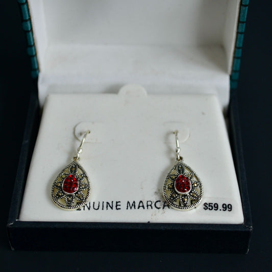 Silver Plate Genuine Marcasite Red Teardrop Earrings New