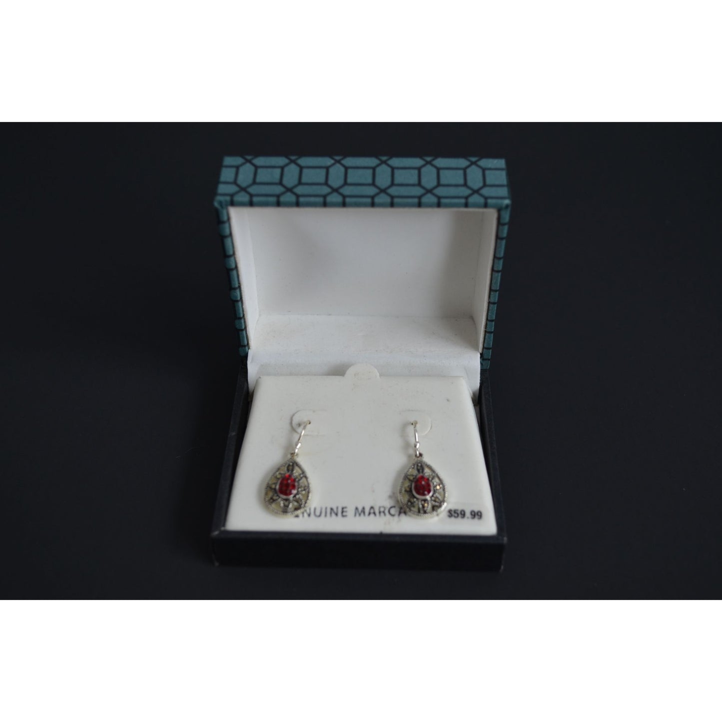 Silver Plate Genuine Marcasite Red Teardrop Earrings New