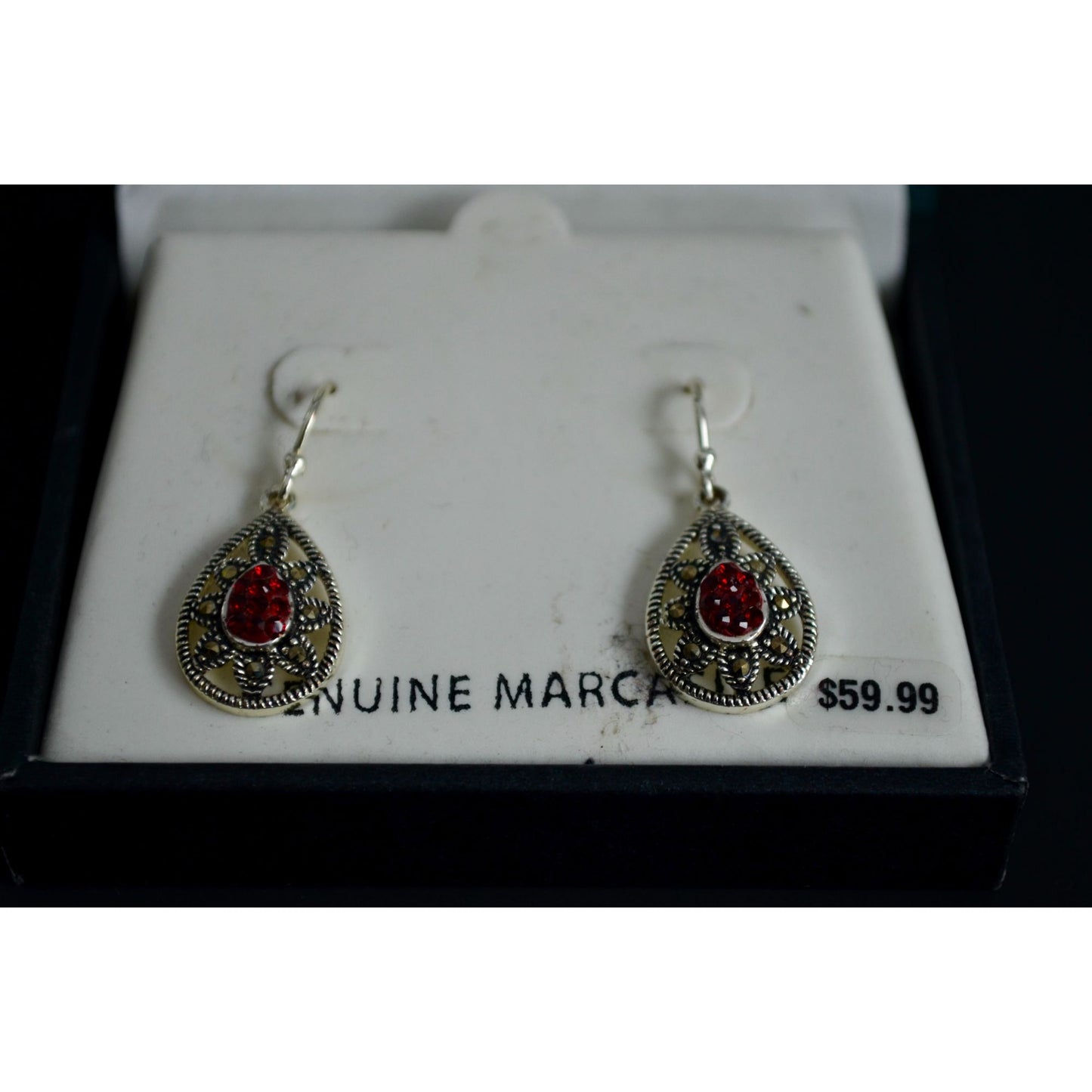 Silver Plate Genuine Marcasite Red Teardrop Earrings New