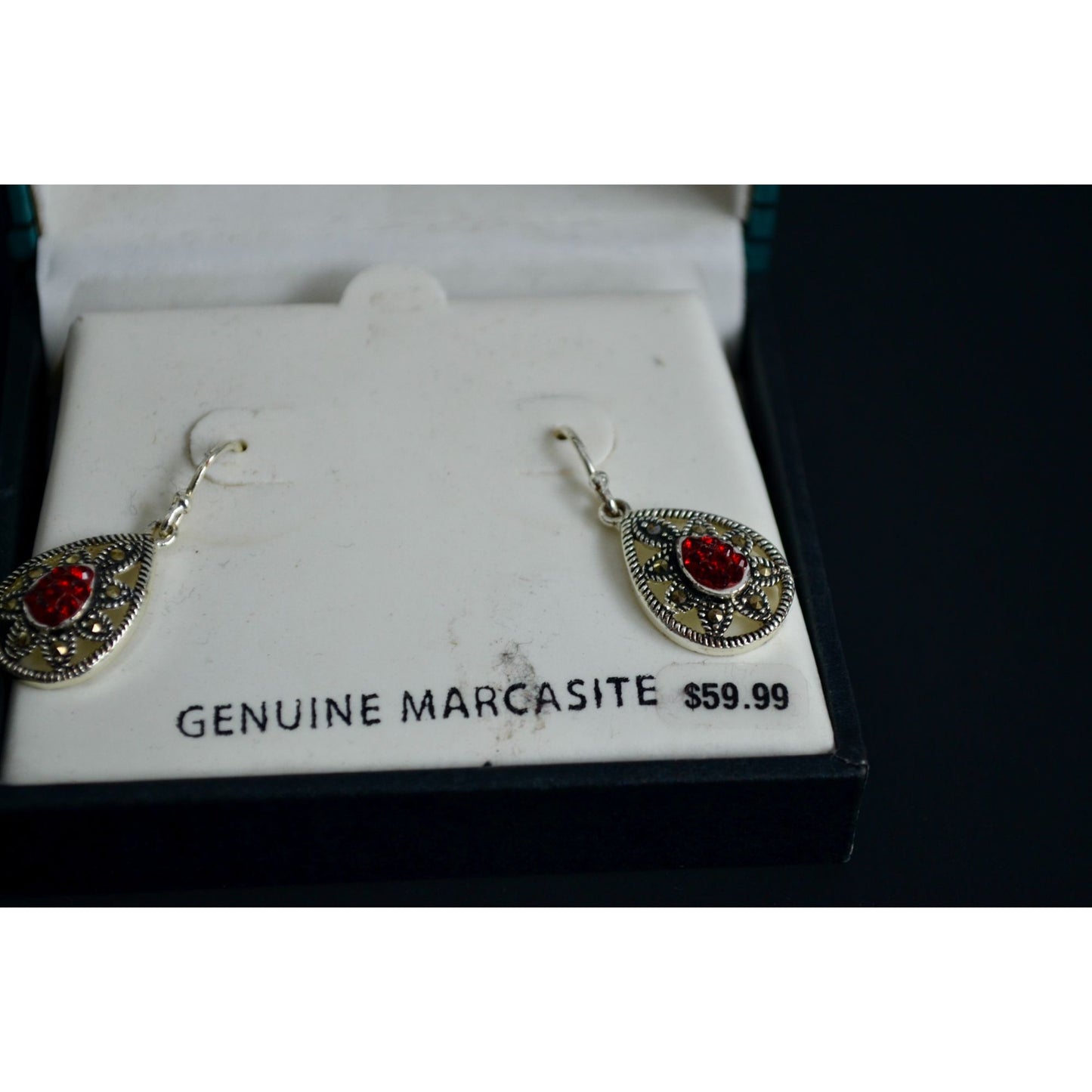 Silver Plate Genuine Marcasite Red Teardrop Earrings New