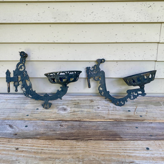 Lot 2 Black Cast Iron Oil Lamp Wall Sconce Swing Arm Vintage Antique