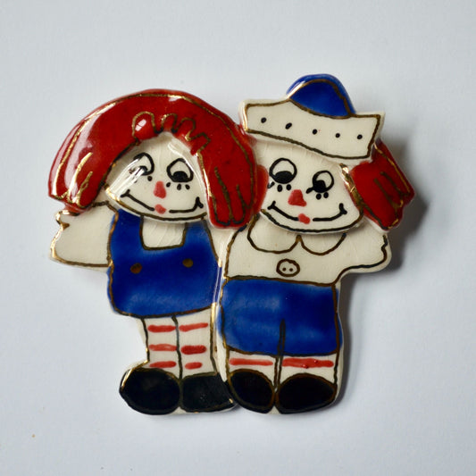 Raggedy Ann Andy Handmade Clay Brooch Vintage