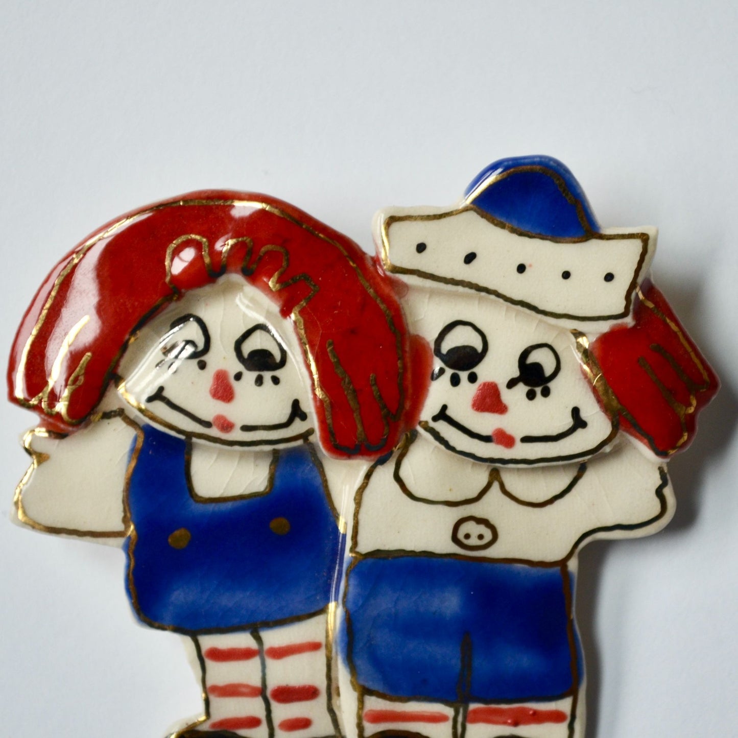 Raggedy Ann Andy Handmade Clay Brooch Vintage