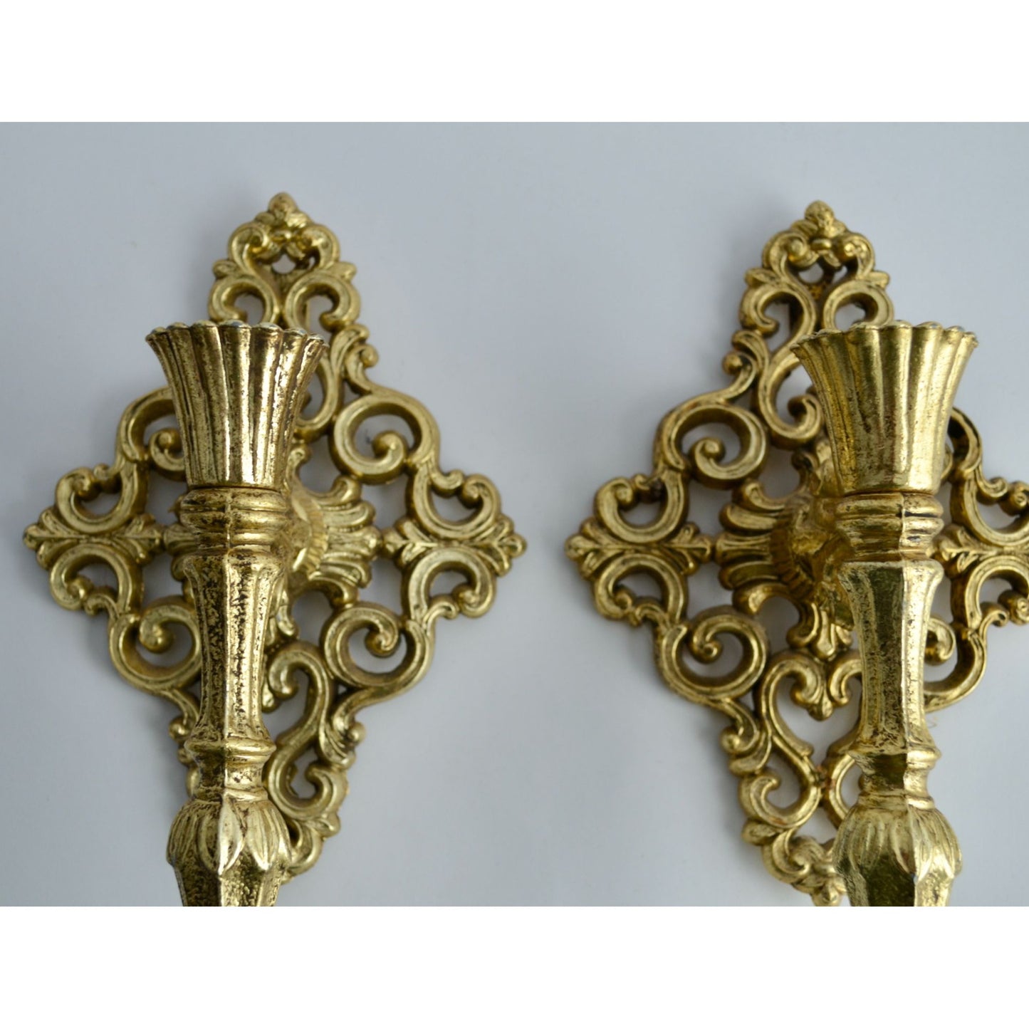 Pair Vintage Brass Wall Sconce Candle Holders Ornate Hollywood Regency Gold